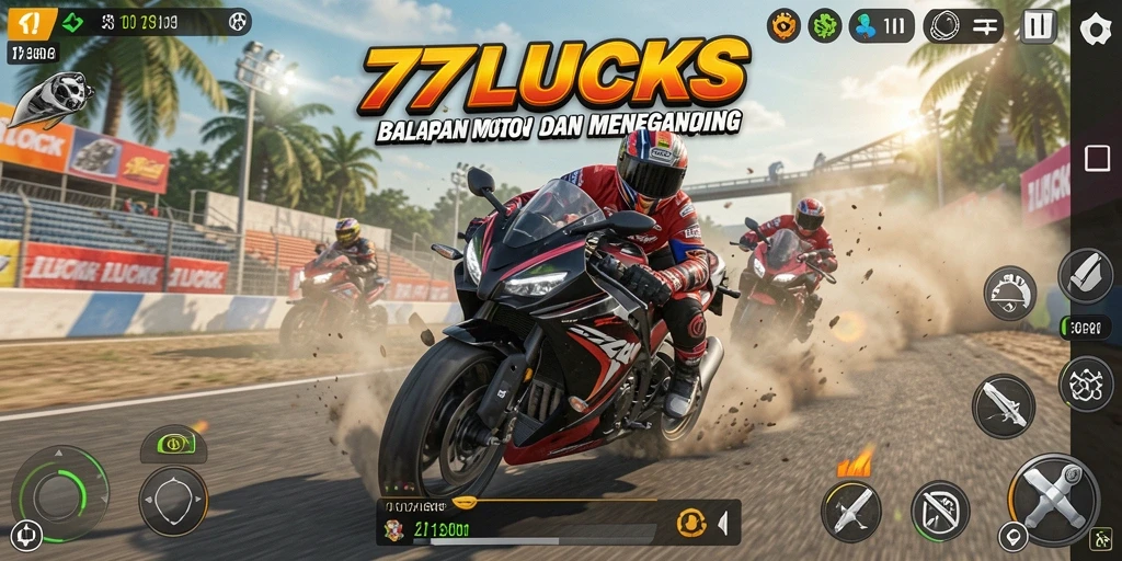 Tampilan gameplay menegangkan dari 77LUCKS saat balapan motor.