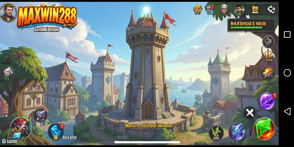 Screenshot gameplay MAXWIN288 menampilkan pertarungan menara.