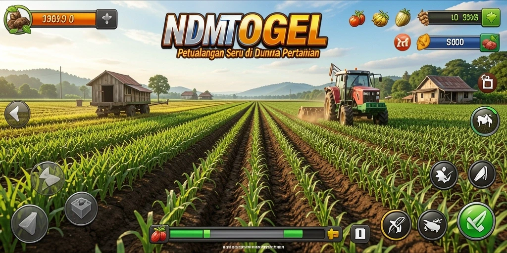 Screenshot gameplay NDMTOGEL menunjukkan ladang yang indah dan tanaman yang subur.