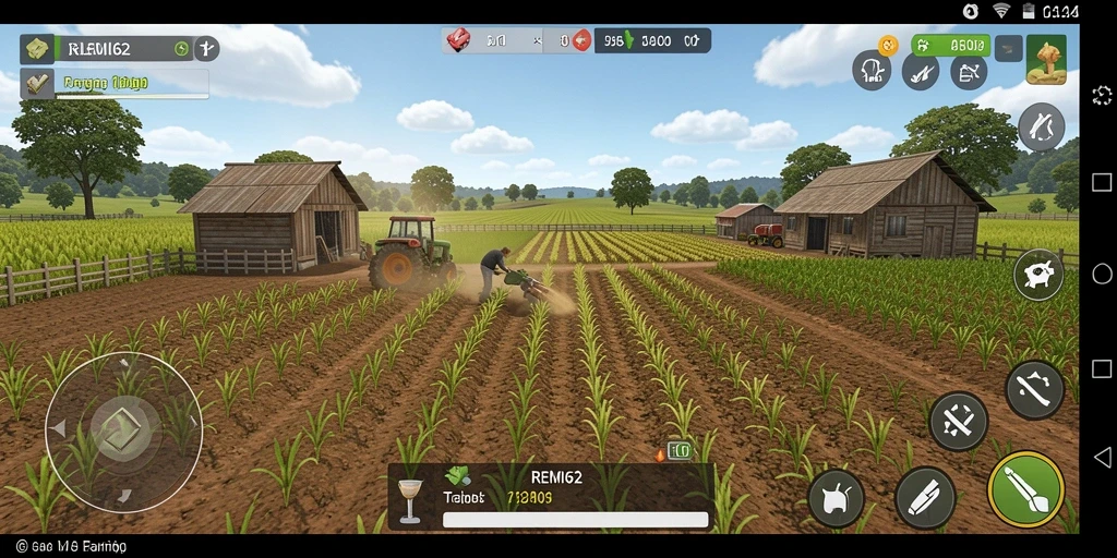 Tampilan gameplay REMI62 dengan kebun yang subur dan hewan ternak.