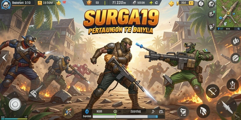 Screeshot permainan SURGA19 menampilkan baku tembak seru di arena.